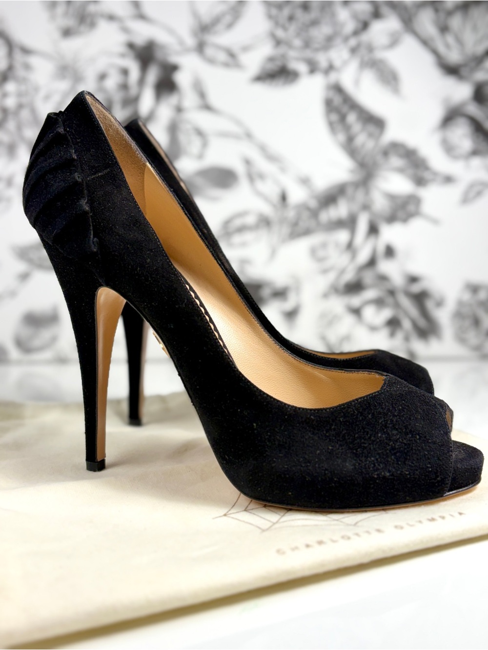 Charlotte Olympia Black Suede Peeptoe Platform Pumps w/ Ruffle Accent, Sz 40